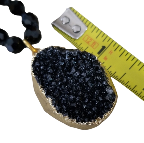 Hand Crafted Glass Bead Necklace With Natural Black Druzy Crystal Pendant - Picture 6 of 16